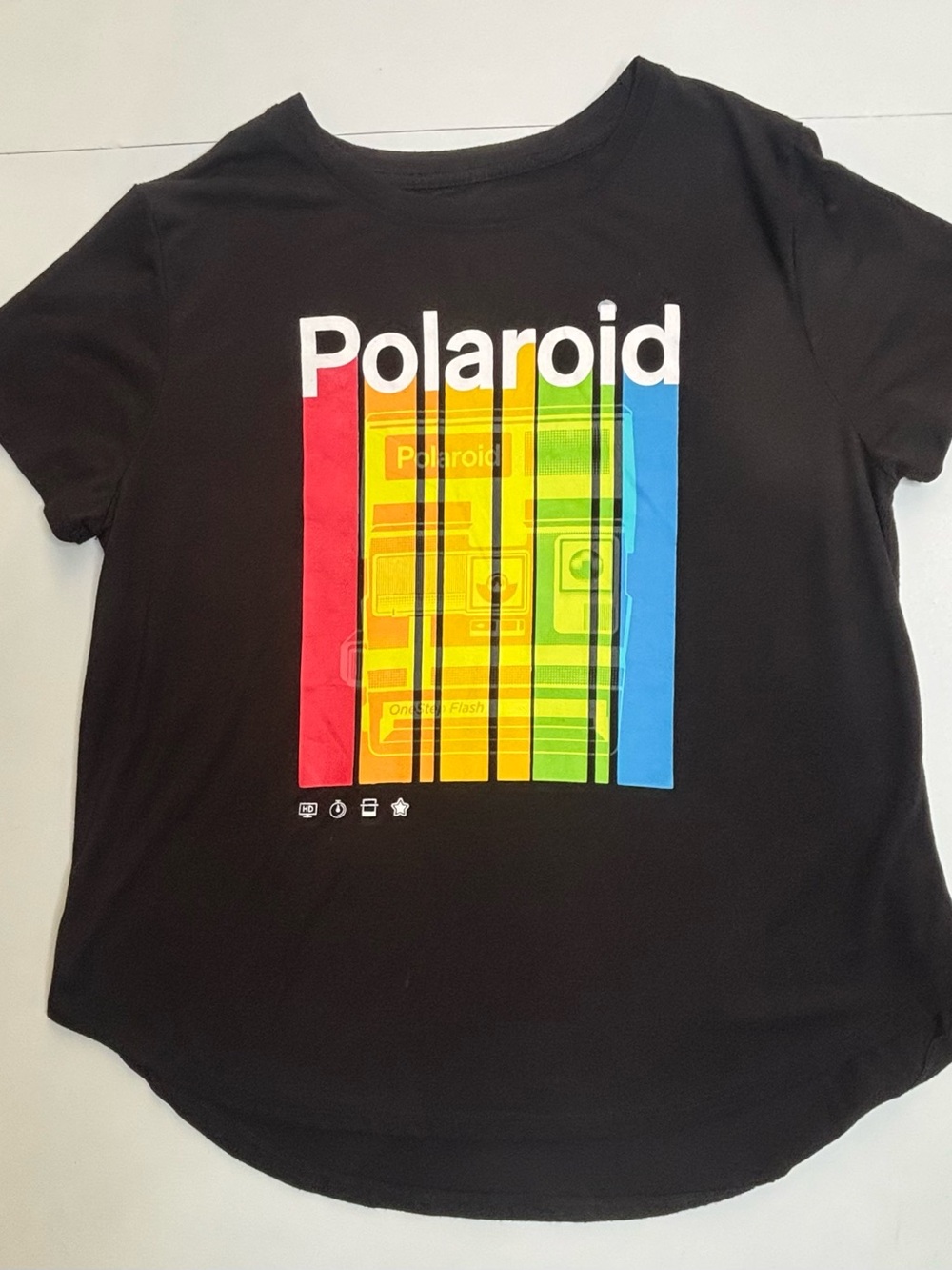 Polaroid Black Tee with Red, Yellow, Green & Blue Stripes